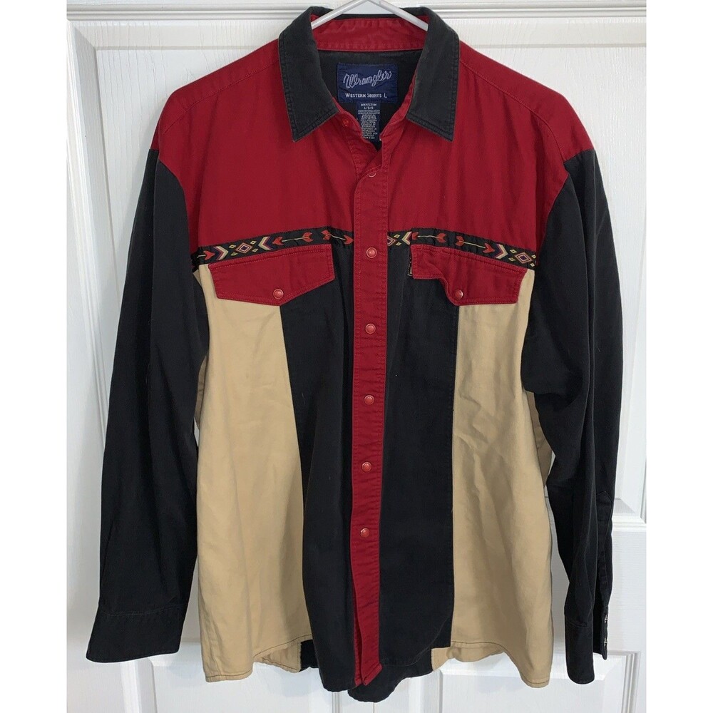 Vintage WRANGLER Western Cowboy Shirt L Pearl Snap Long Sleeve Aztec Colorblock